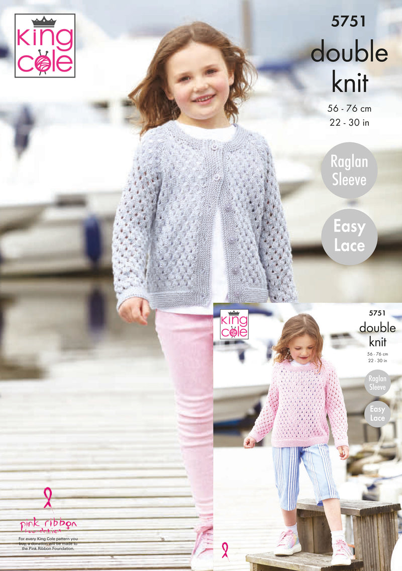King Cole 5751 DK Knitting Pattern - Easy Lace Girls Sweater & Cardigan (22-30in)