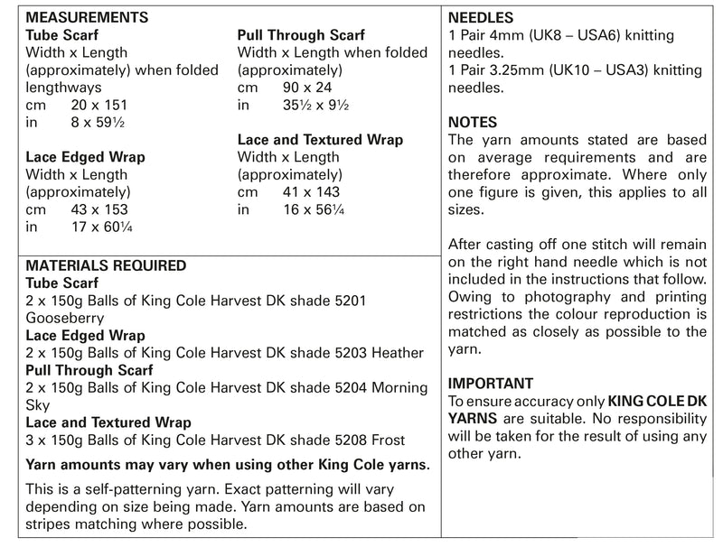 King Cole 5784 Ladies Scarf Knitting Pattern
