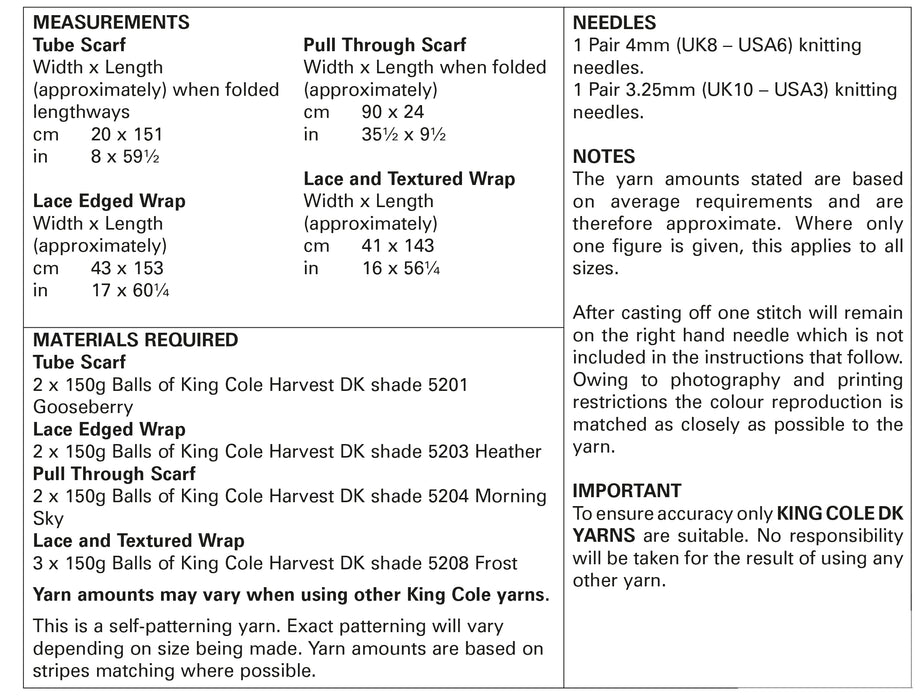 King Cole 5784 Double Knitting Scarf Pattern - Ladies Scarves DK