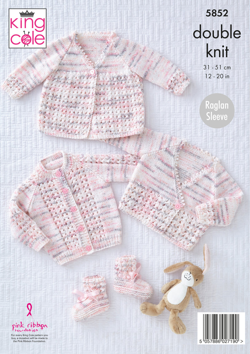 King Cole 5852 DK Baby Knitting Pattern - Matinee Coat, Cardigans & Bootees (Prem-12mnths)