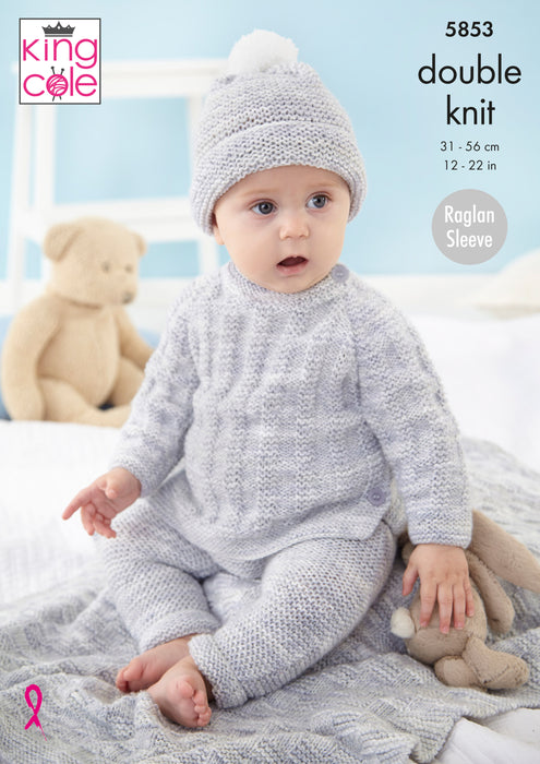 King Cole 5853 Double Knitting Pattern - DK Baby Jacket, Sweater, Leggings, Hat & Blanket