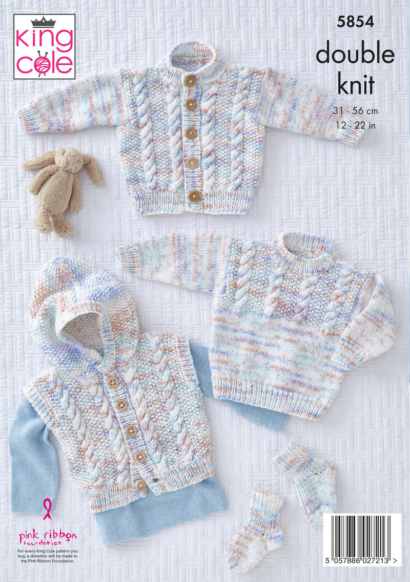 King Cole 5854 DK Baby Knitting Pattern - Jacket, Gilet, Sweater & Socks (Prem-18mnths)