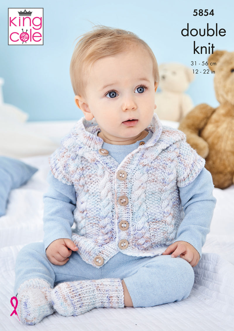 King Cole 5854 DK Baby Knitting Pattern - Jacket, Gilet, Sweater & Socks (Prem-18mnths)