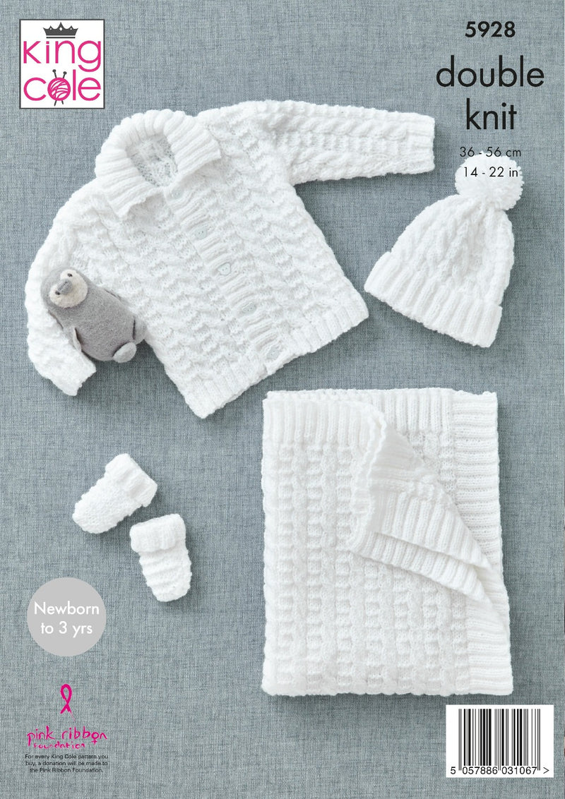 King Cole 5928 DK Knitting Pattern for Jacket, Hat, Mitts and Blanket (0 to 3 Yrs)