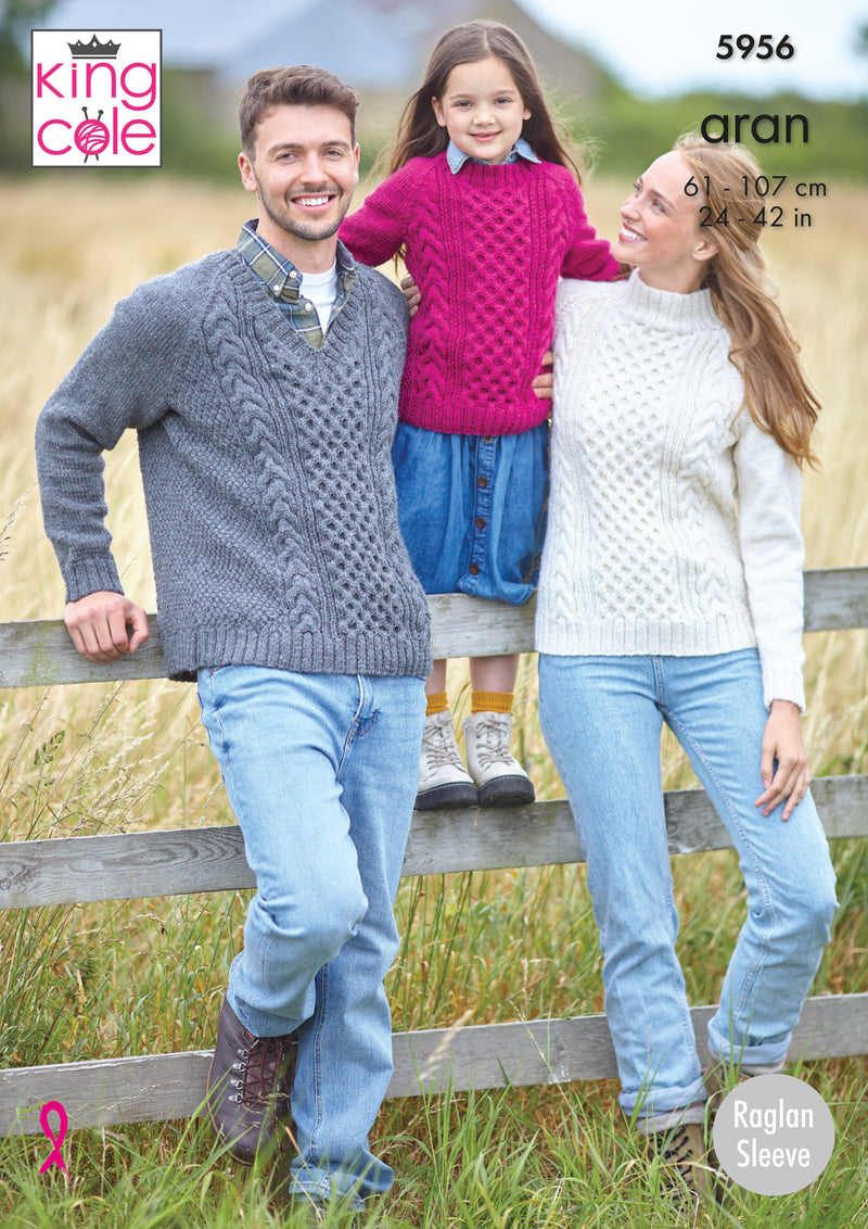 King Cole 5956 Aran Knitting Pattern - Adult & Children's Sweaters (24-42in)