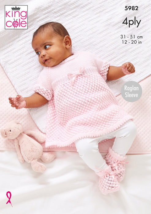 King Cole 5982 Knitting Pattern - Baby Matinee Coat, Angel Top, Hat & Bootees Knitted 4Ply