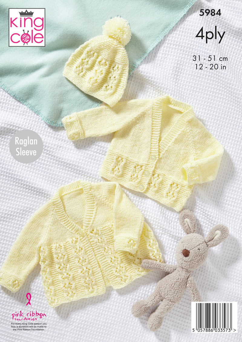King Cole 5984 4Ply Knitting Pattern - Baby Matinee Jacket, Cardigan & Hat