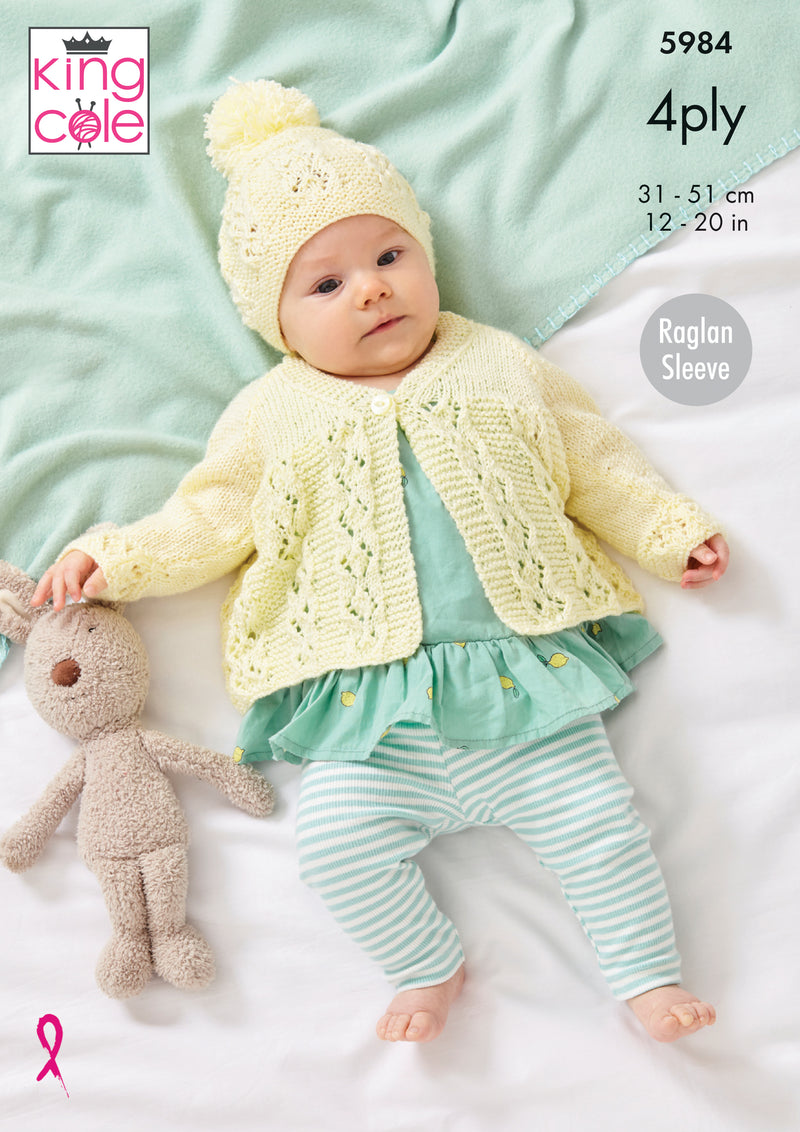 King Cole 5984 4Ply Knitting Pattern - Baby Matinee Jacket, Cardigan & Hat