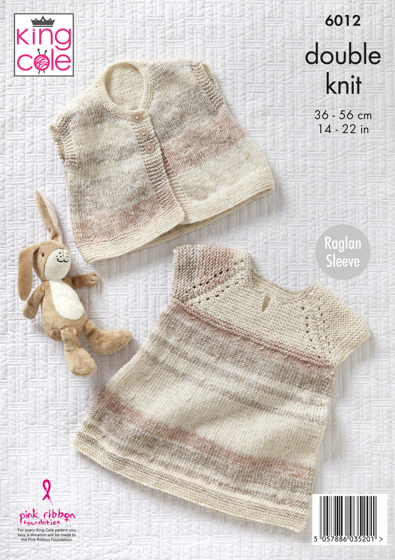 King Cole 6012 DK Knitting Pattern - Baby Cardigan, Dress & Gilet (12-22in)