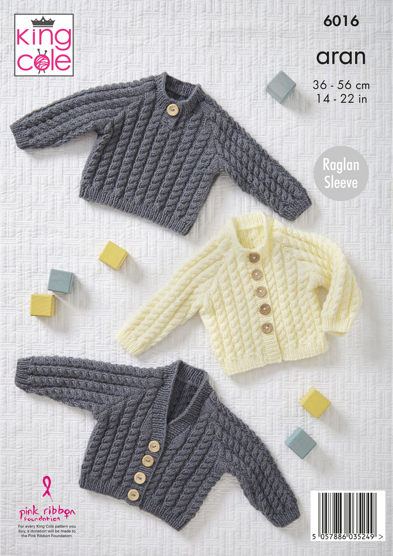King Cole 6016 Baby Aran Knitting Pattern - Cardigans & Sweater (14-22in)