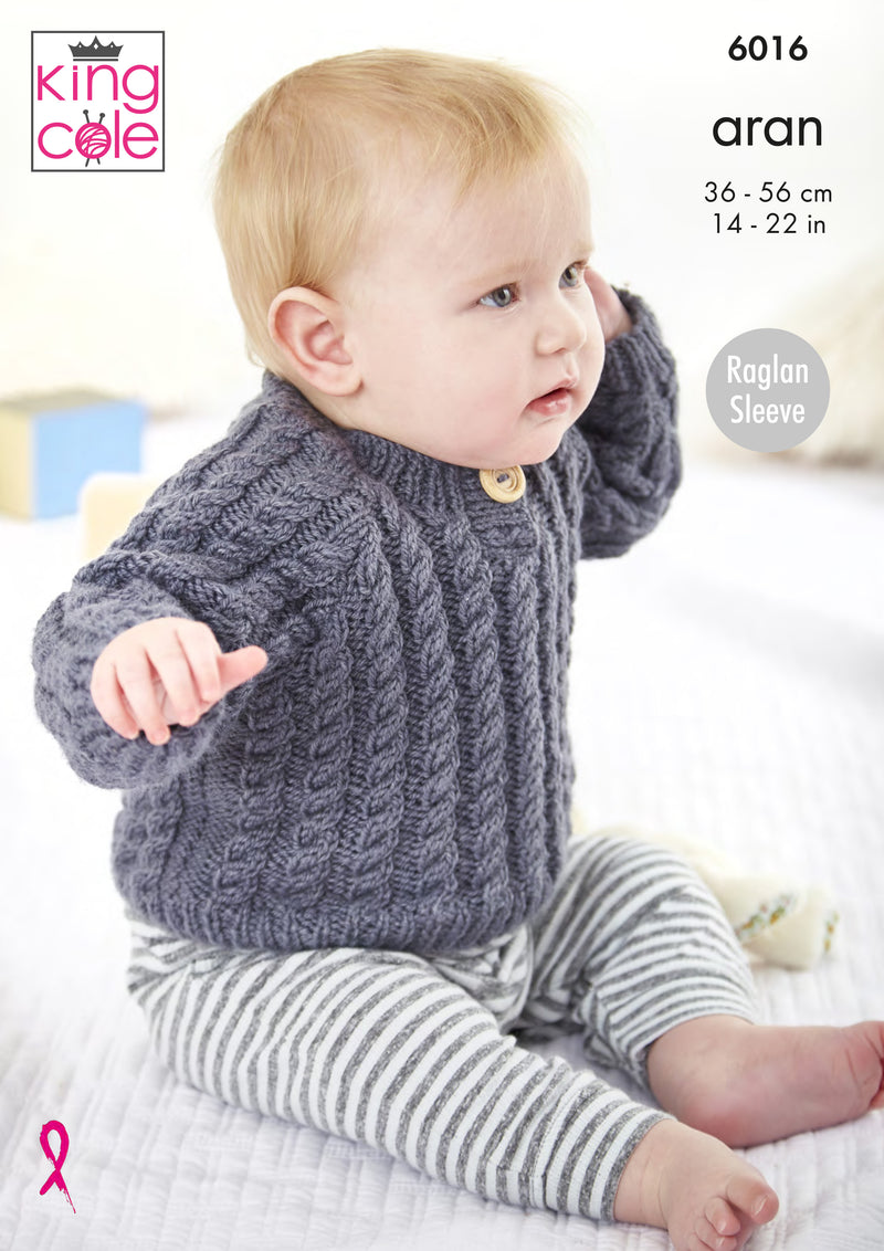 King Cole 6016 Baby Aran Knitting Pattern - Cardigans & Sweater (14-22in)