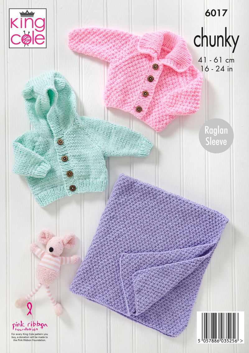 King Cole 6017 Chunky Knitting Pattern - Hooded Jackets, Cardigan & Blanket (16-24in)
