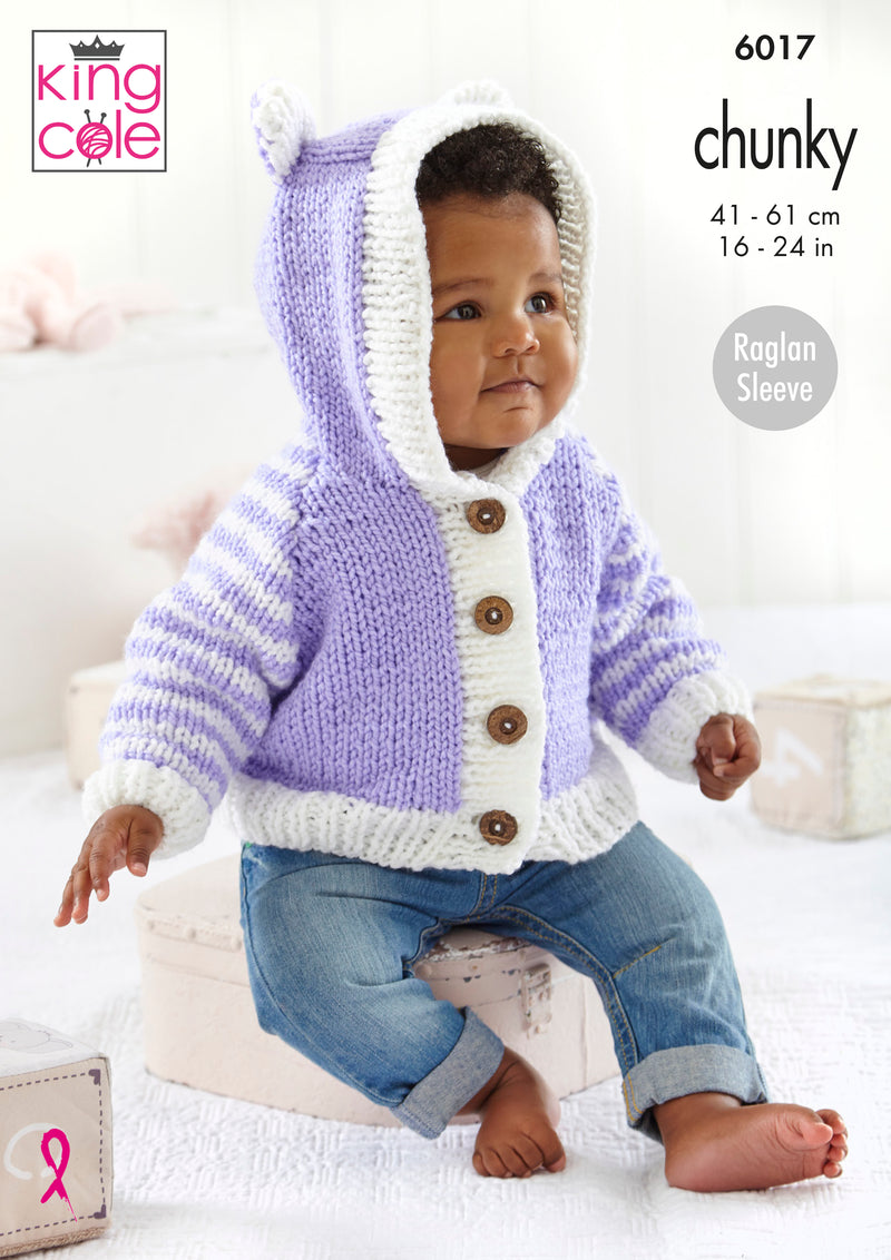 King Cole 6017 Chunky Knitting Pattern - Hooded Jackets, Cardigan & Blanket (16-24in)