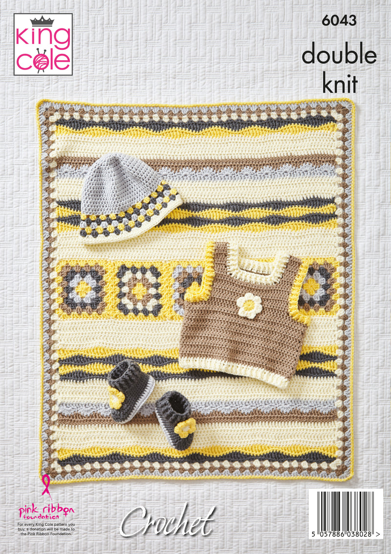 King Cole 6043 CROCHET Pattern - DK Baby Blanket, Tank Top, Hat & Booties (0-4yrs)