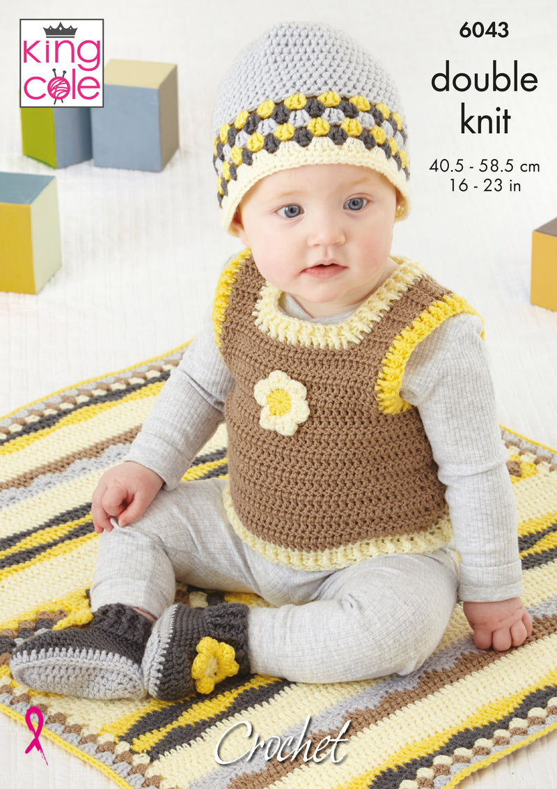 King Cole 6043 CROCHET Pattern - DK Baby Blanket, Tank Top, Hat & Booties (0-4yrs)