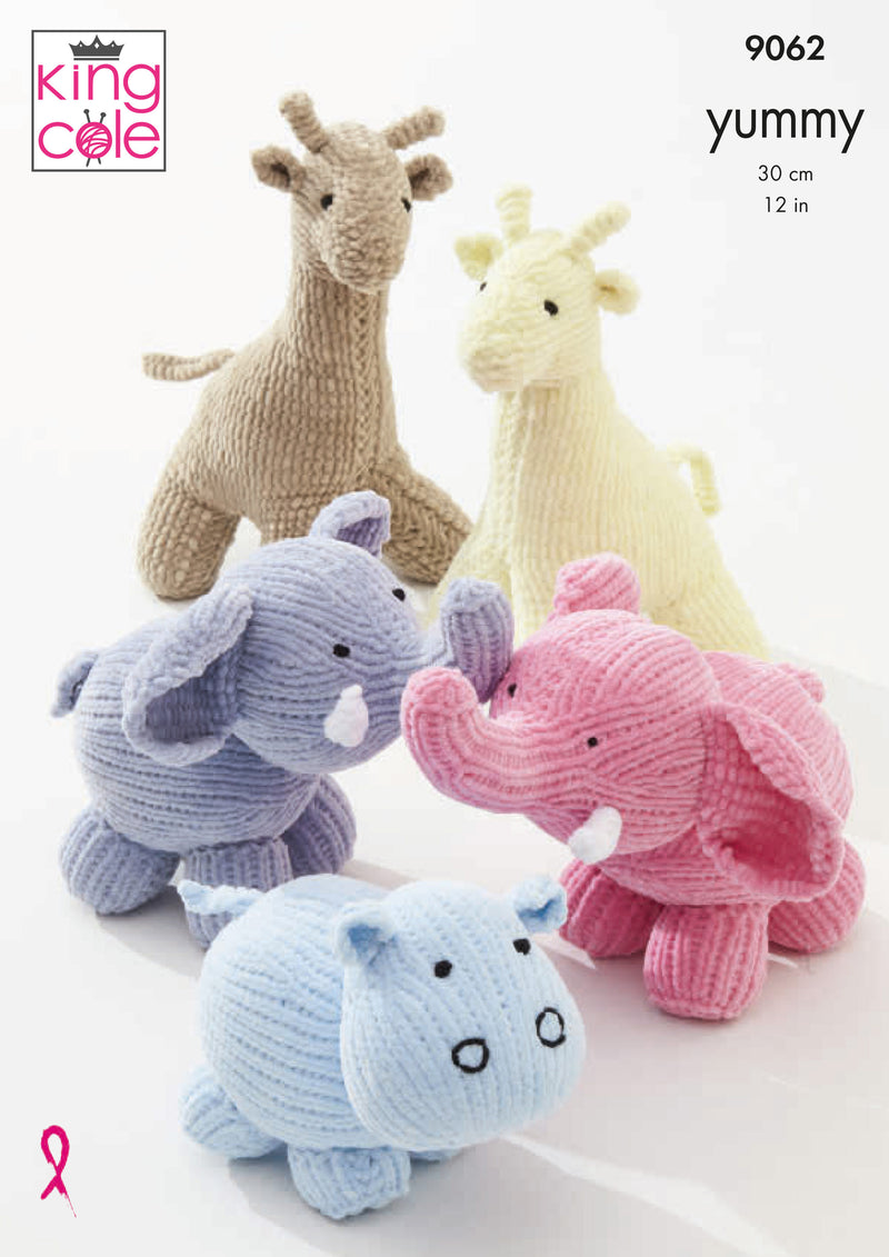 King Cole 9062 Chunky Knitting Pattern - Giraffe, Hippo and Elephant Toys Knitted in Yummy