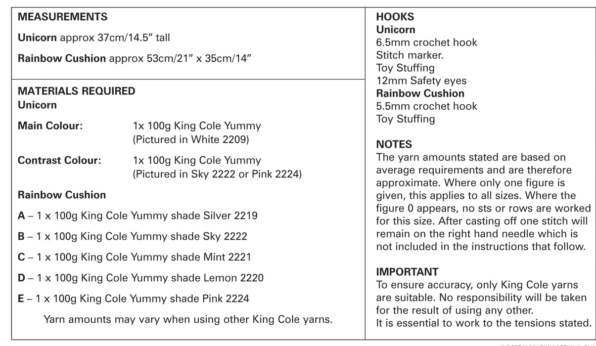 King Cole 9068 Chunky CROCHET Pattern - Unicorn Toy & Rainbow Cushion in Yummy