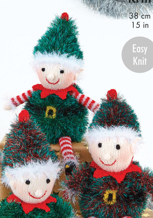King Cole 9164 Christmas Knitting Pattern - Easy Knit Playful Elves - Tinsel & DK Yarn