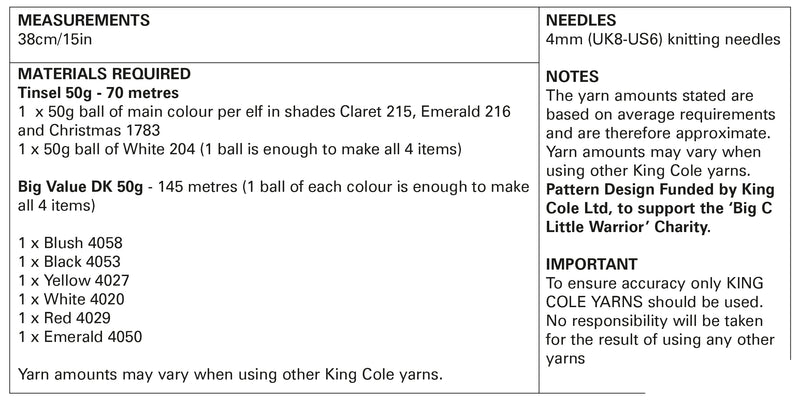 King Cole 9164 Christmas Knitting Pattern - Easy Knit Playful Elves using Tinsel Chunky