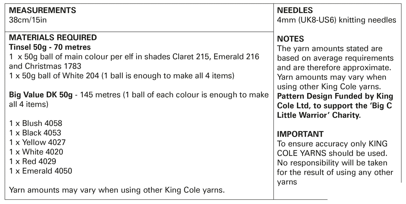 King Cole 9164 Christmas Knitting Pattern - Easy Knit Playful Elves - Tinsel & DK Yarn