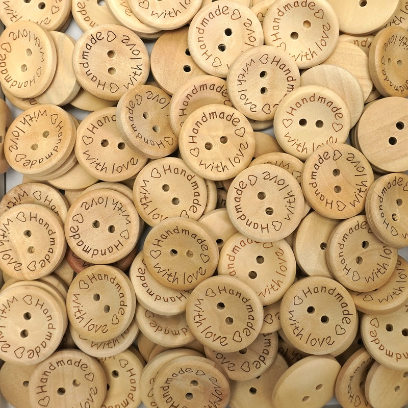 25mm Handmade With Love Wooden Buttons (10 Pcs)