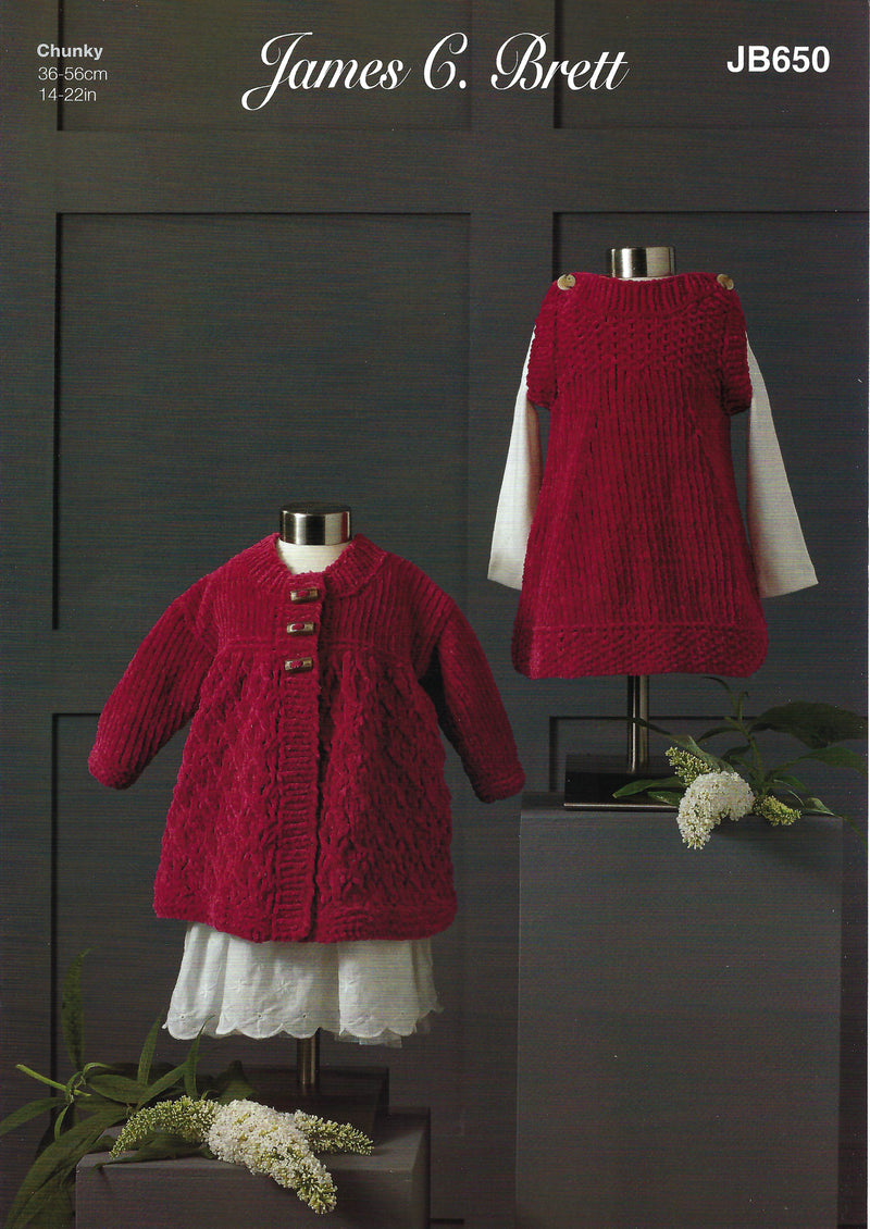 James C Brett  Knitting Pattern JB650 - Dress & Jacket Knitted With Flutterby Chunky Yarn