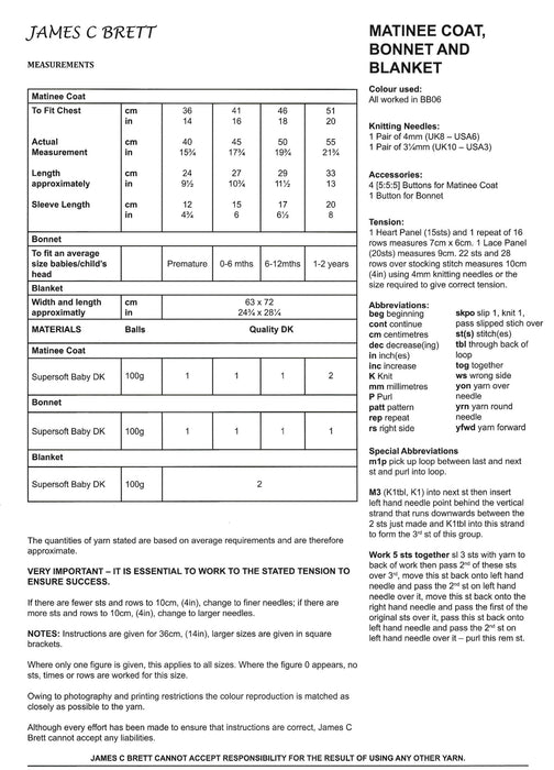 James C Brett JB685 Double Knitting Pattern - DK Matinee Coat, Bonnet & Blanket (36-51cm - 14-20in)