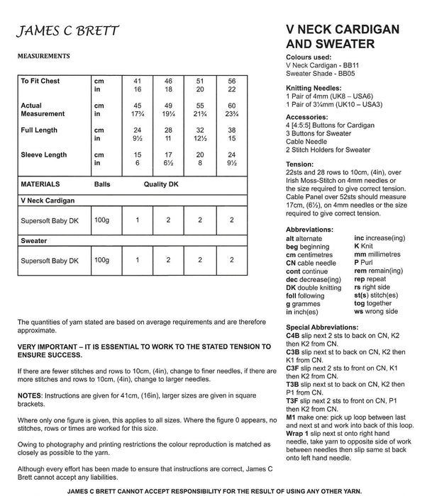 James C Brett JB691 - Baby V Neck Cardigan & Sweater Knitting Pattern