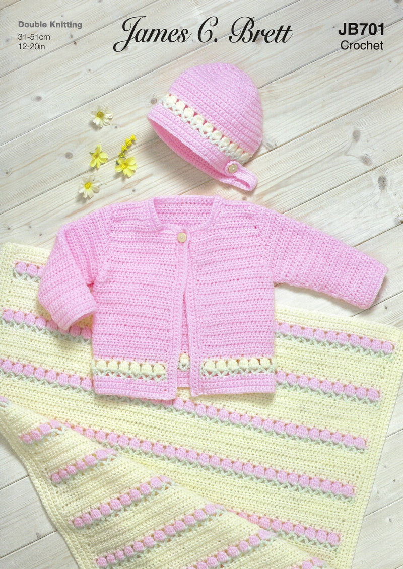 James C Brett JB701 CROCHET Pattern - Baby DK Cardigan, Bonnet & Blanket