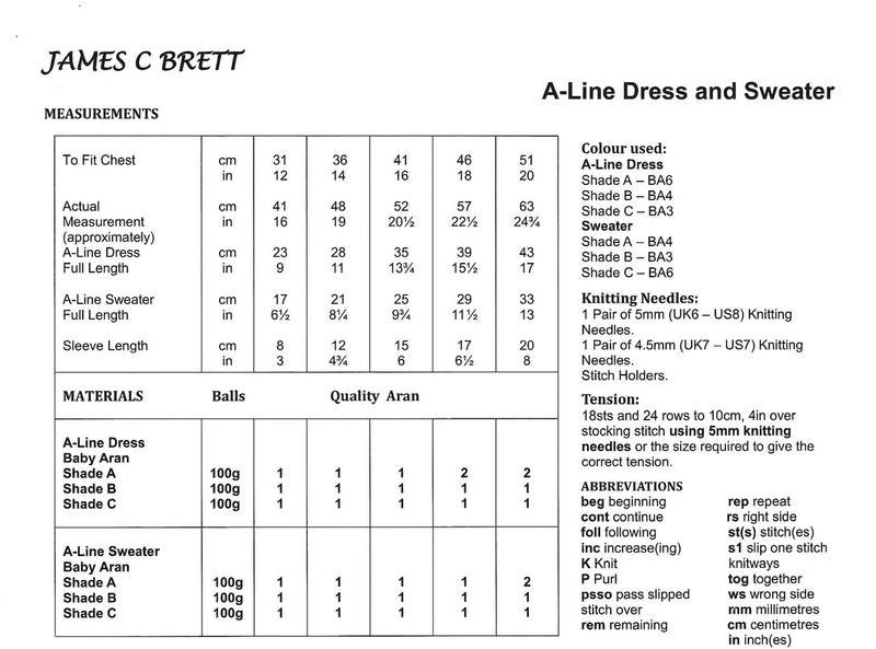 James C Brett JB786 - Aran Knitting Pattern - Easy Knit Baby A Line Dress & Sweater (Discontinued)