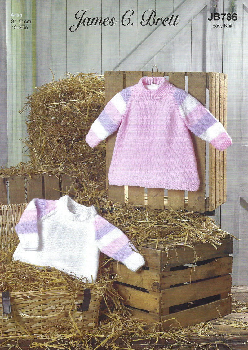 James C Brett JB786 - Aran Knitting Pattern - Easy Knit Baby A Line Dress & Sweater (Discontinued)