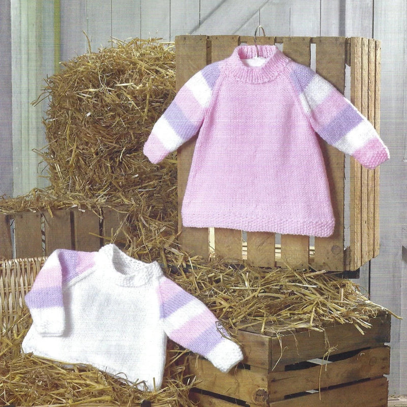 James C Brett JB786 - Aran Knitting Pattern - Easy Knit Baby A Line Dress & Sweater (Discontinued)