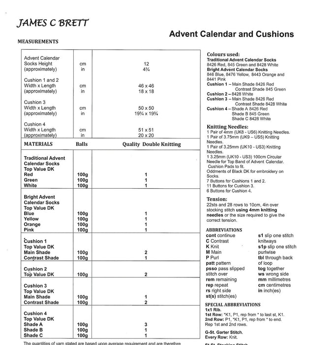 James C Brett JB815 - Christmas DK Double Knitting Pattern - Cushion Covers & Advent Socks