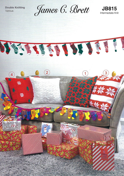 James C Brett JB815 - Christmas DK Double Knitting Pattern - Cushion Covers & Advent Socks