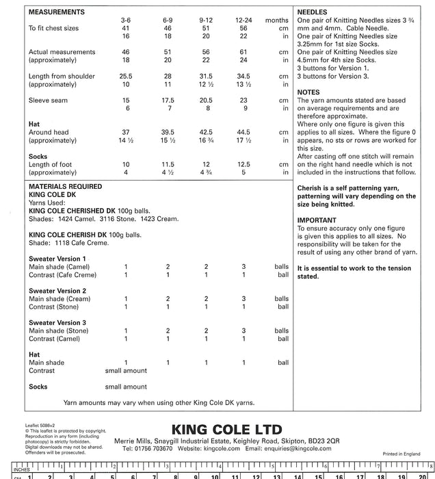 King Cole 5086 Baby Children's Knitting Pattern - Sweater, Hat and Socks DK (3-24 Months)