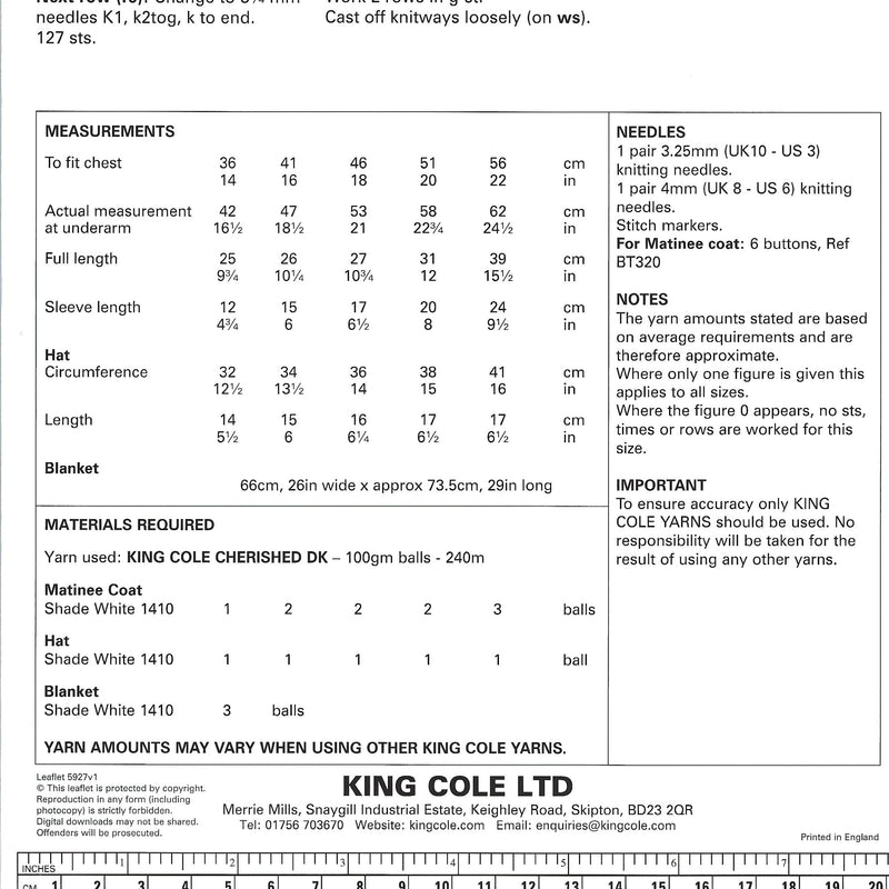King Cole 5927 DK Knitting Pattern for Matinee Coat, Hat & Blanket (0 to 3 Yrs)
