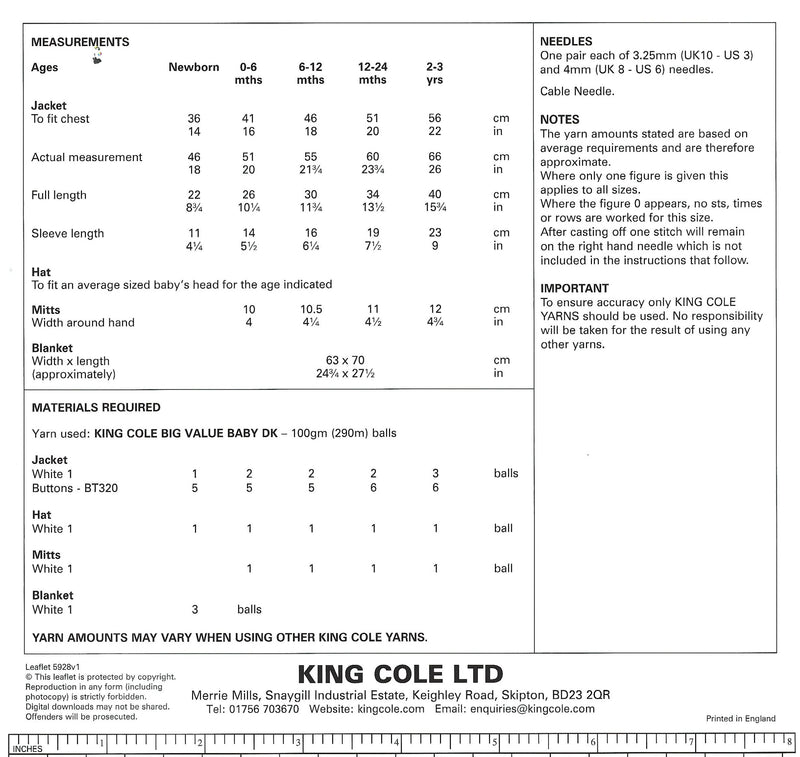 King Cole 5928 DK Knitting Pattern for Jacket, Hat, Mitts and Blanket (0 to 3 Yrs)