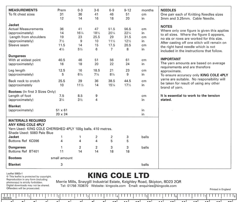 King Cole 5983 Knitting Pattern - Baby Jacket, Dungarees, Bootees & Blanket Knitted 4Ply (Prem-12mnth)