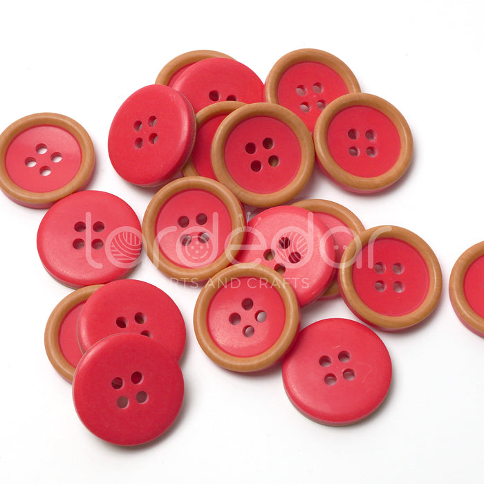 Colourful Wood-Effect Rimmed Buttons (10 Pcs) - 4 Hole, Choice of 9 Colours - 15mm / 20mm - Baby Knitting, Kids Cardigan Craft Buttons