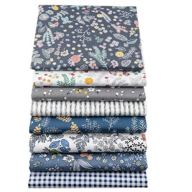 8Pc Dark Blue Floral Fabric Bundle | 100% Cotton 50x40cm