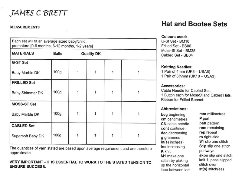 James C Brett JB688 Double Knitting Pattern - DK Hat & Bootees