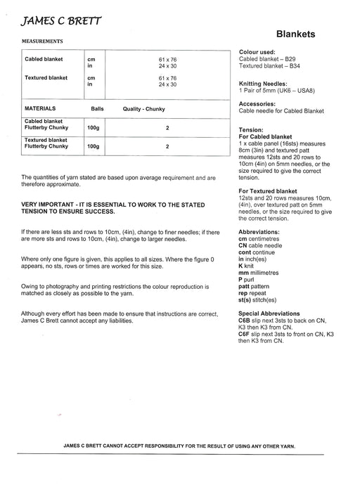 James C Brett JB733 Chunky Knitting Pattern - Flutterby Chunky Baby Blankets