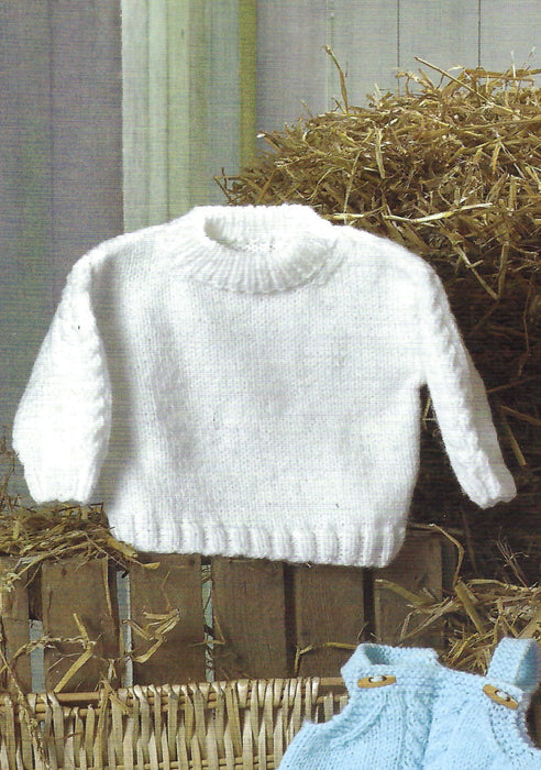 James C Brett JB785 Baby Aran Knitting Pattern - Sweater & Dungarees - Intermediate Knit