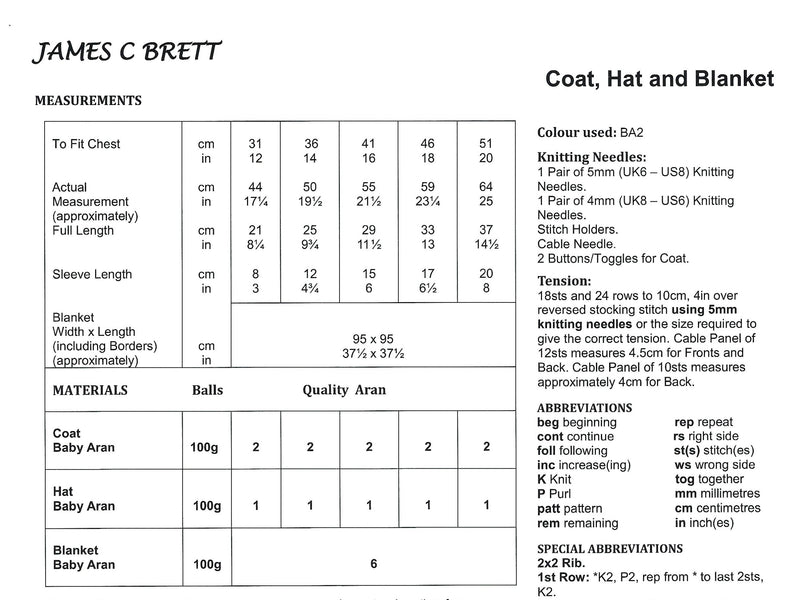 James C Brett JB788 Baby Aran Knitting Pattern - Coat, Hat & Blanket -  Intermediate Knit