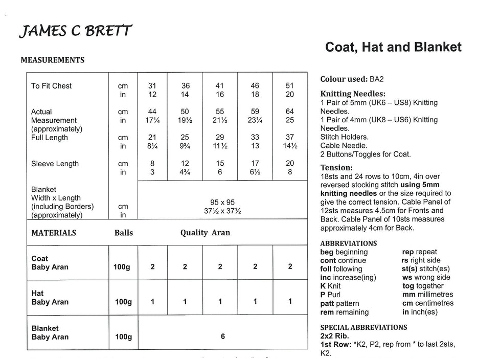James C Brett JB788 Baby Aran Knitting Pattern - Coat, Hat & Blanket -  Intermediate Knit