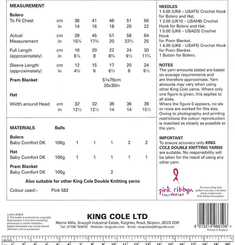 King Cole 3258 CROCHET Pattern - Baby Bolero, Hat and Pram Blanket