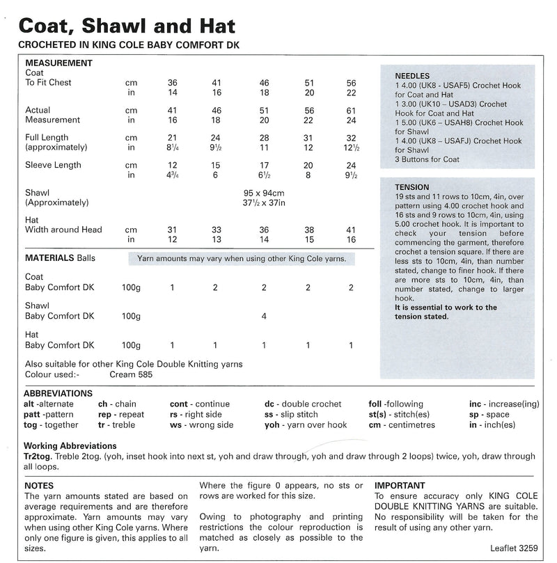 King Cole 3259 CROCHET Pattern - Baby Coat, Shawl and Hat