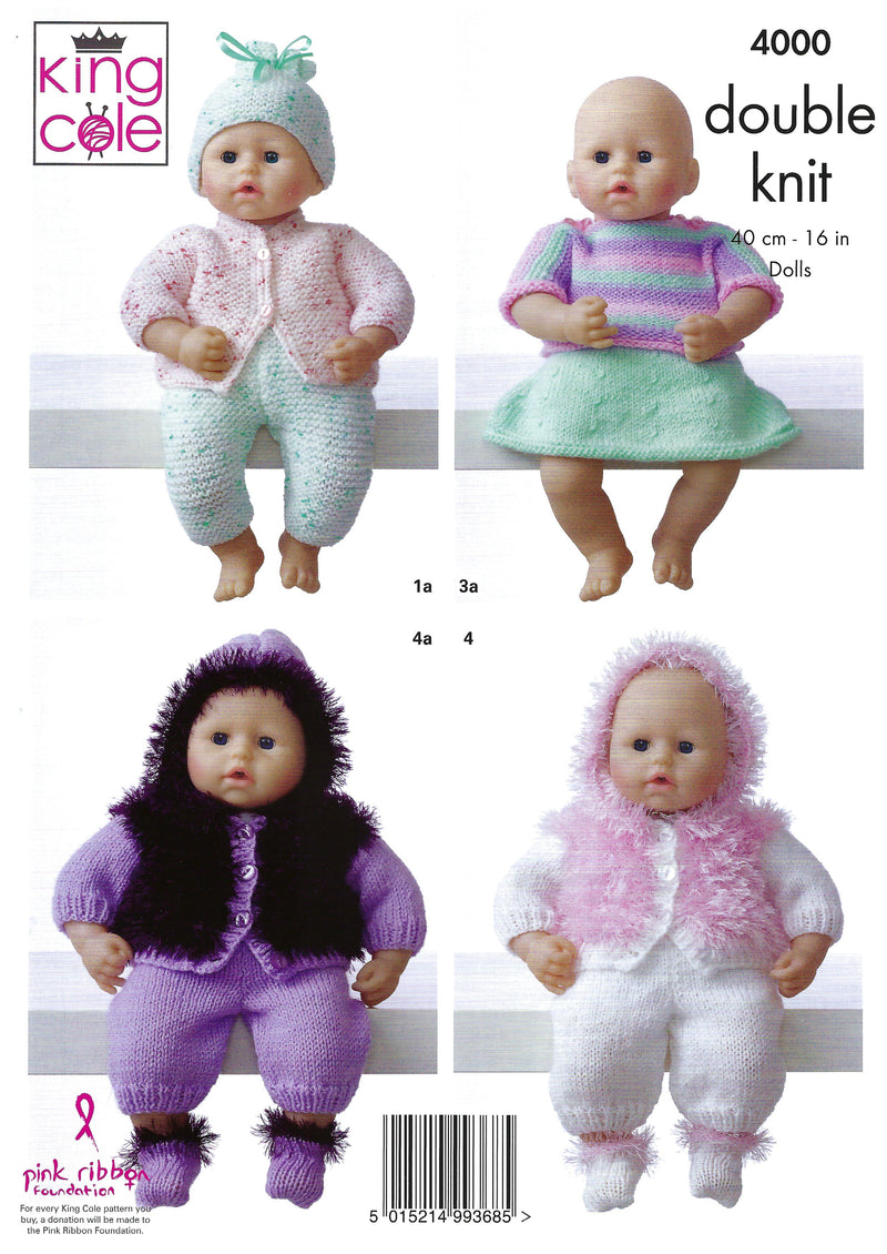 King Cole 4000 Doll Knitting Pattern - DK Dolls Clothes