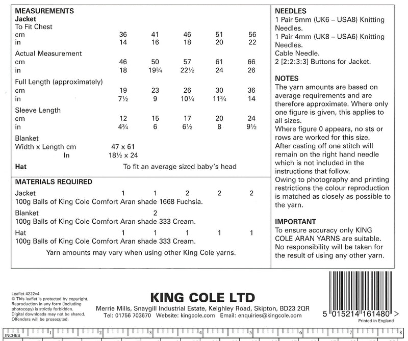 King Cole 4222 Aran Knitting Pattern - Baby Jacket, Blanket & Hat (14-22in)
