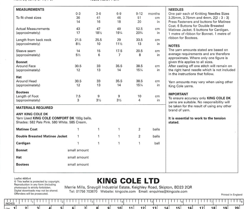 King Cole 4690 Double Knitting Pattern - Baby DK Matinee Coat, Jacket, Cardigan, Bonnet, Hat & Bootees (14-20in)